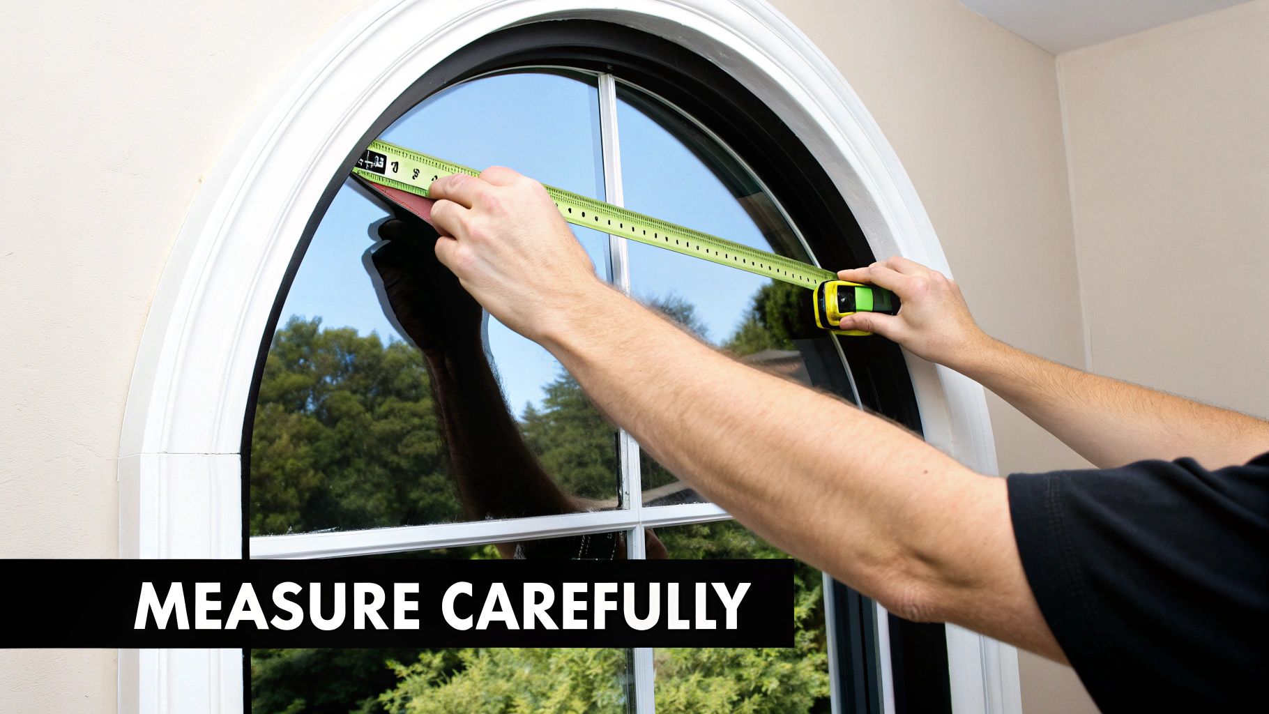 Hands hold a measuring tape across the width of an arched window with white trim, against a reflection of trees.