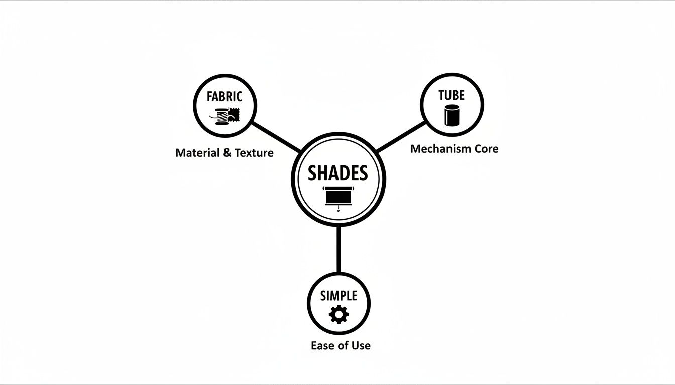 A diagram illustrating 'SHADES' components: Fabric (material), Tube (mechanism), and Simple (ease of use).