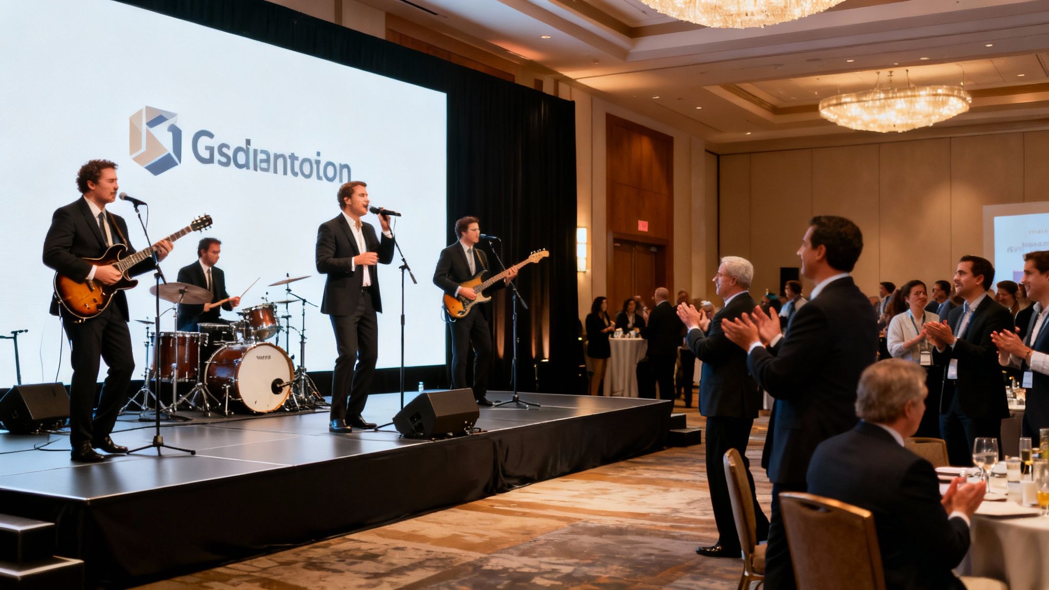 A band performs live music on stage for a clapping audience at a corporate event.