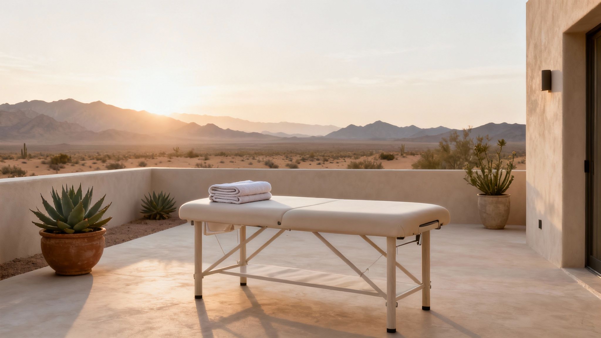 Outdoor massage table on a patio overlooking a serene desert landscape with mountains at sunset.