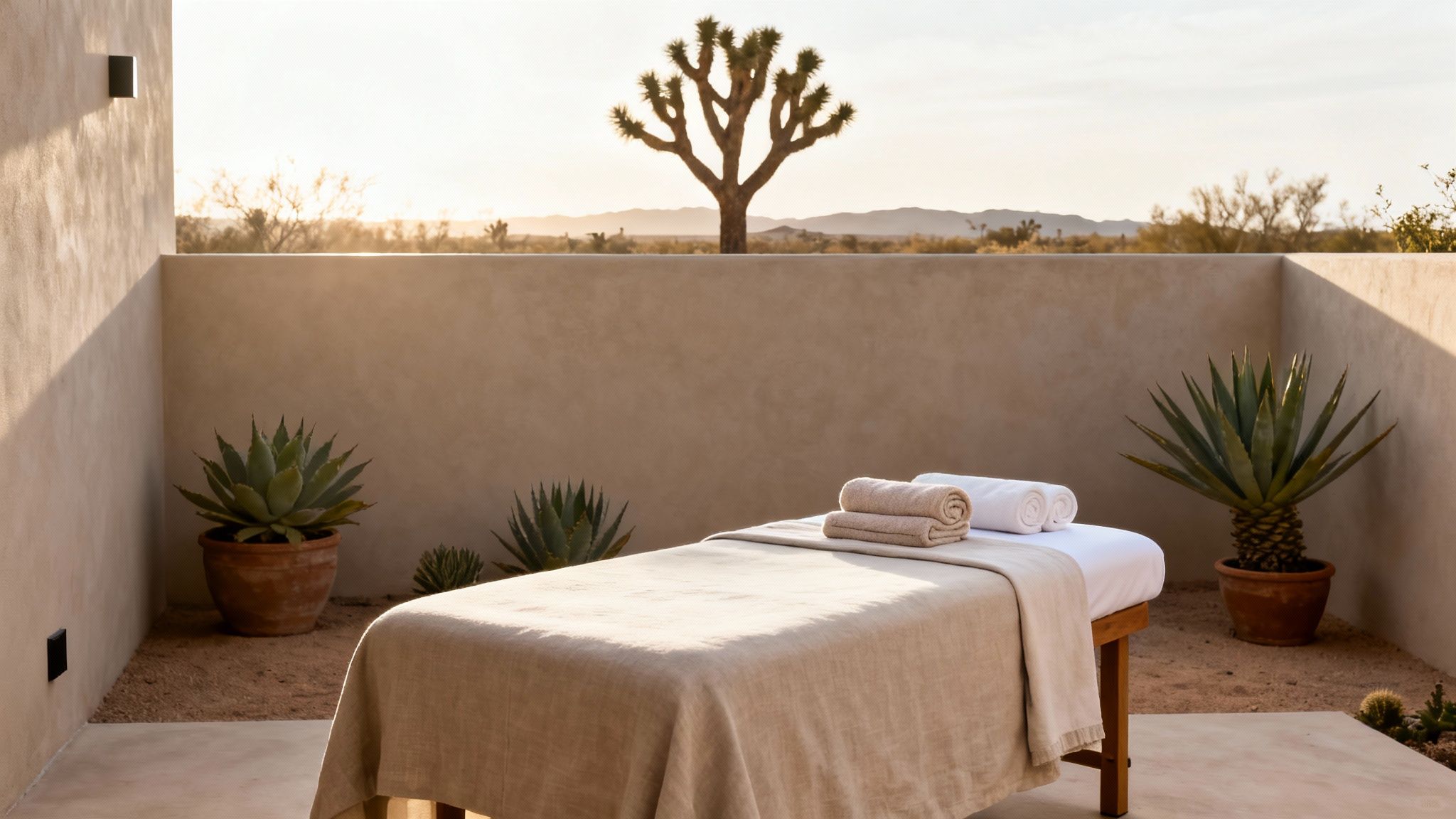 An outdoor spa massage table with towels in a desert courtyard at sunset.
