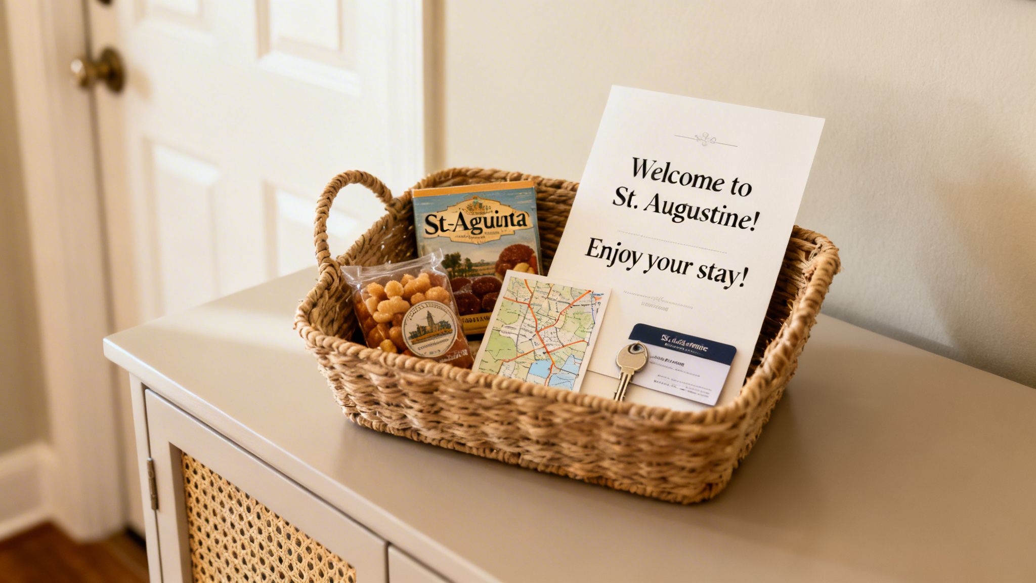 A welcoming basket filled with snacks, a map, a key, and a welcome note for St. Augustine guests.