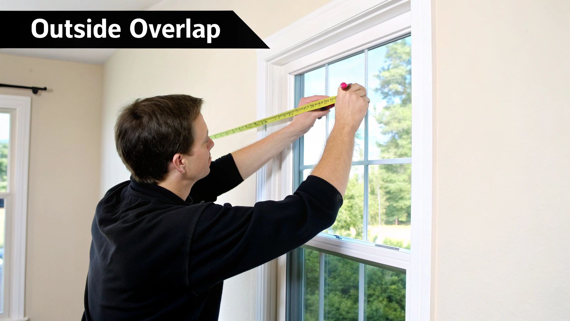 A neatly installed outside mount Roman shade making a window appear larger.