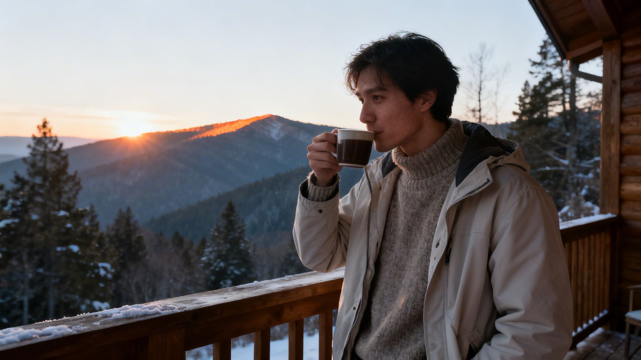 Young man drinking coffee on a snowy balcony with a stunning mountain sunrise.