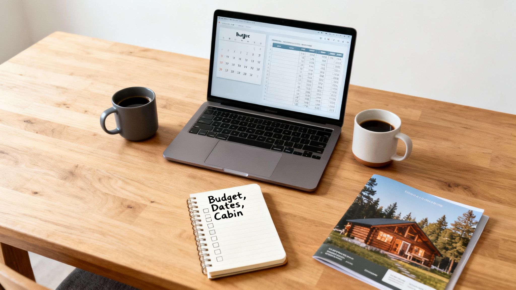 A wooden desk with a laptop showing a budget, a notebook with 'Budget, Dates, Cabin', and a cabin brochure, for trip planning.