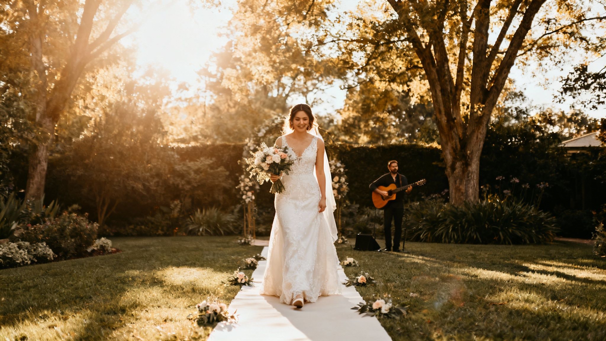 A radiant bride walks down a sunlit outdoor aisle, holding a floral bouquet, with a guitarist playing nearby.