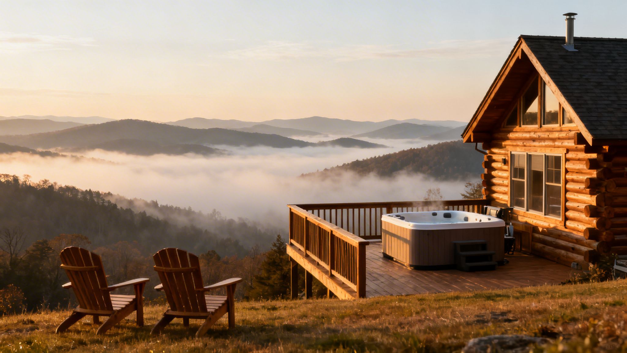 A rustic log cabin with a hot tub on a deck overlooking misty mountains at sunrise.