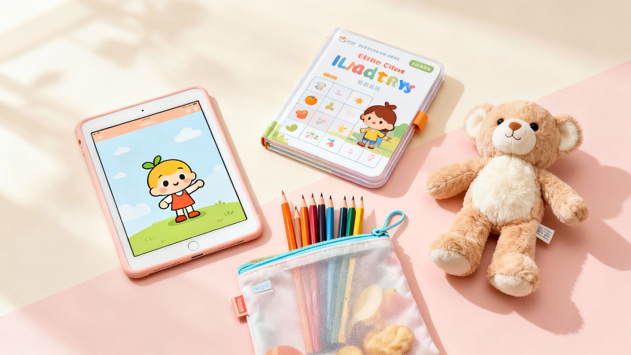 A playful setup for kids with a tablet, educational book, colored pencils, and a cute teddy bear.