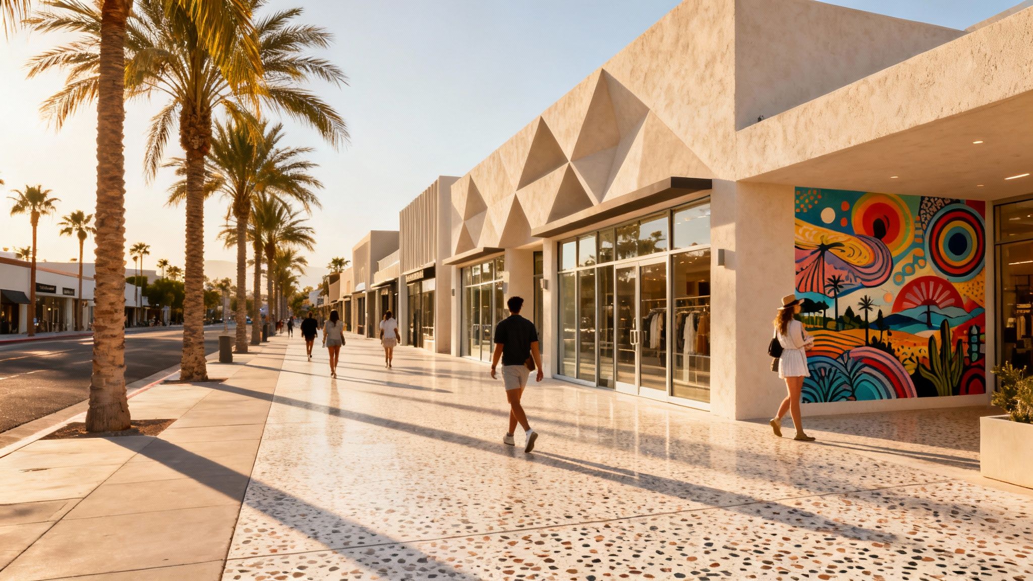 People walk along a sunny, modern shopping street lined with palm trees and a vibrant mural.