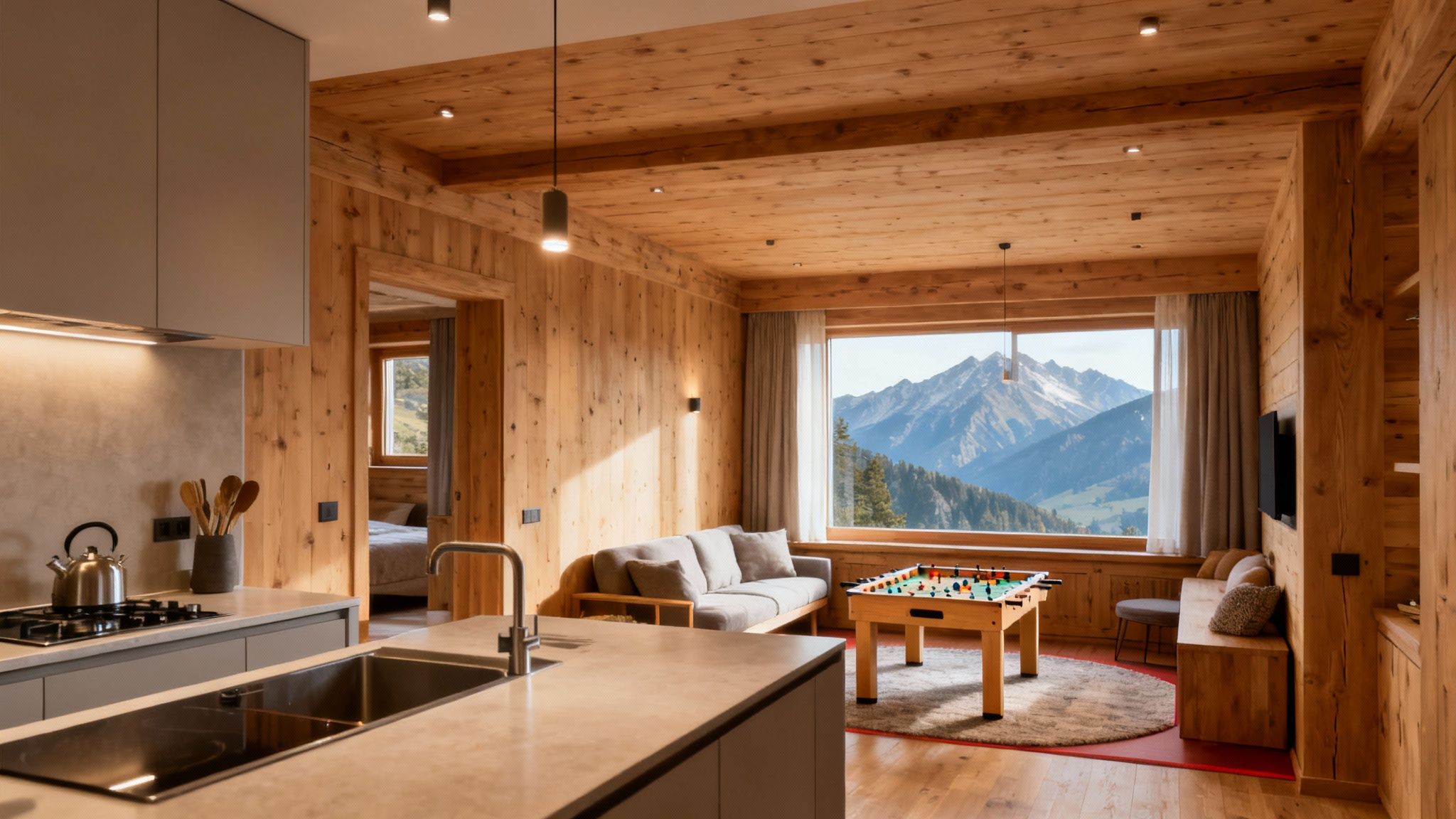 A luxurious and modern cabin interior with wooden walls, a kitchen, living area, and mountain views.