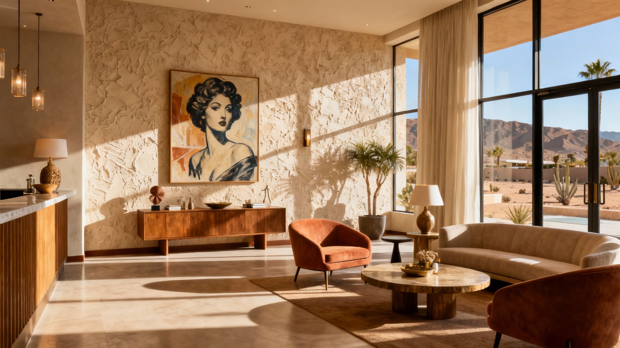 A stylishly designed suite with mid-century modern furniture at The Muse Hotel Palm Springs