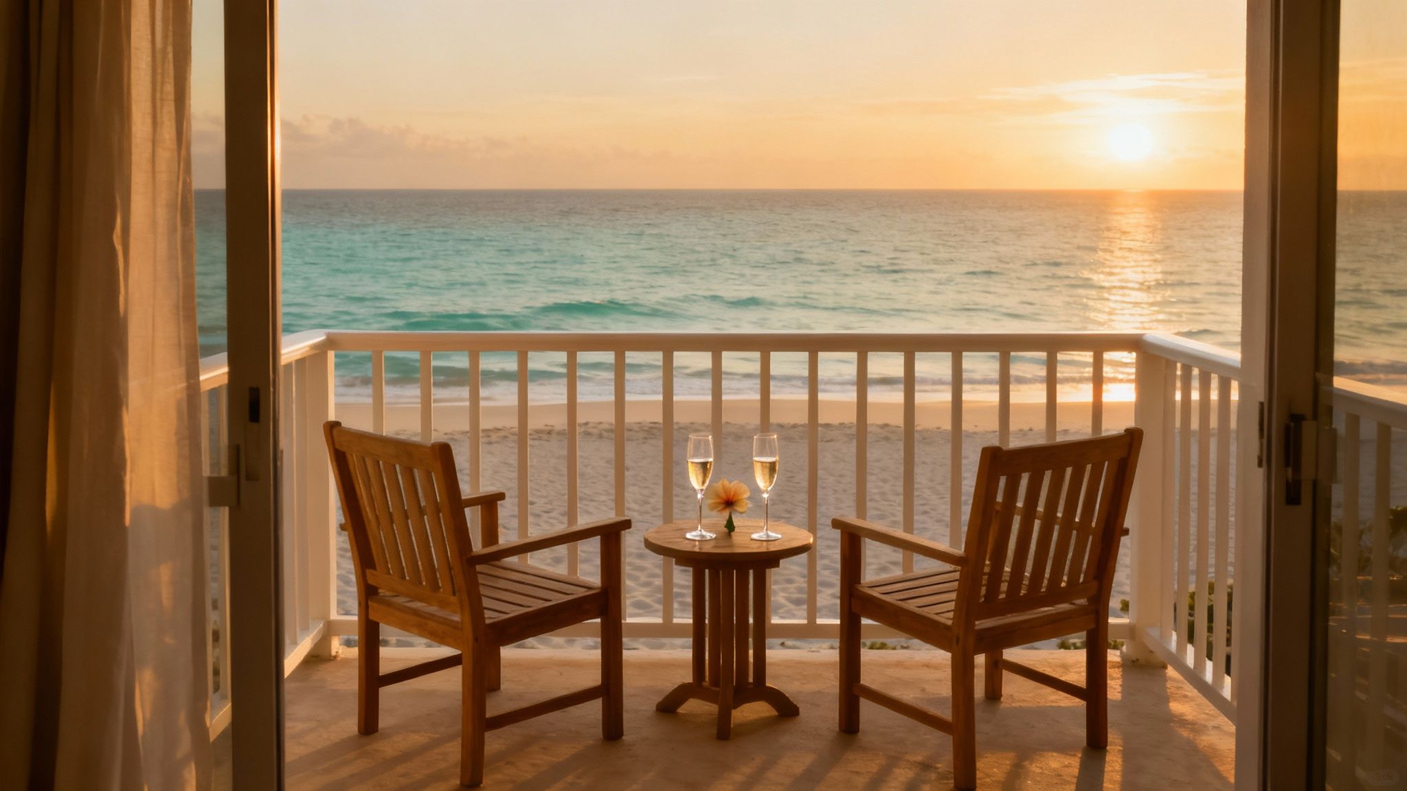 Oceanfront balcony with wooden chairs and wine glasses overlooking turquoise water at sunset