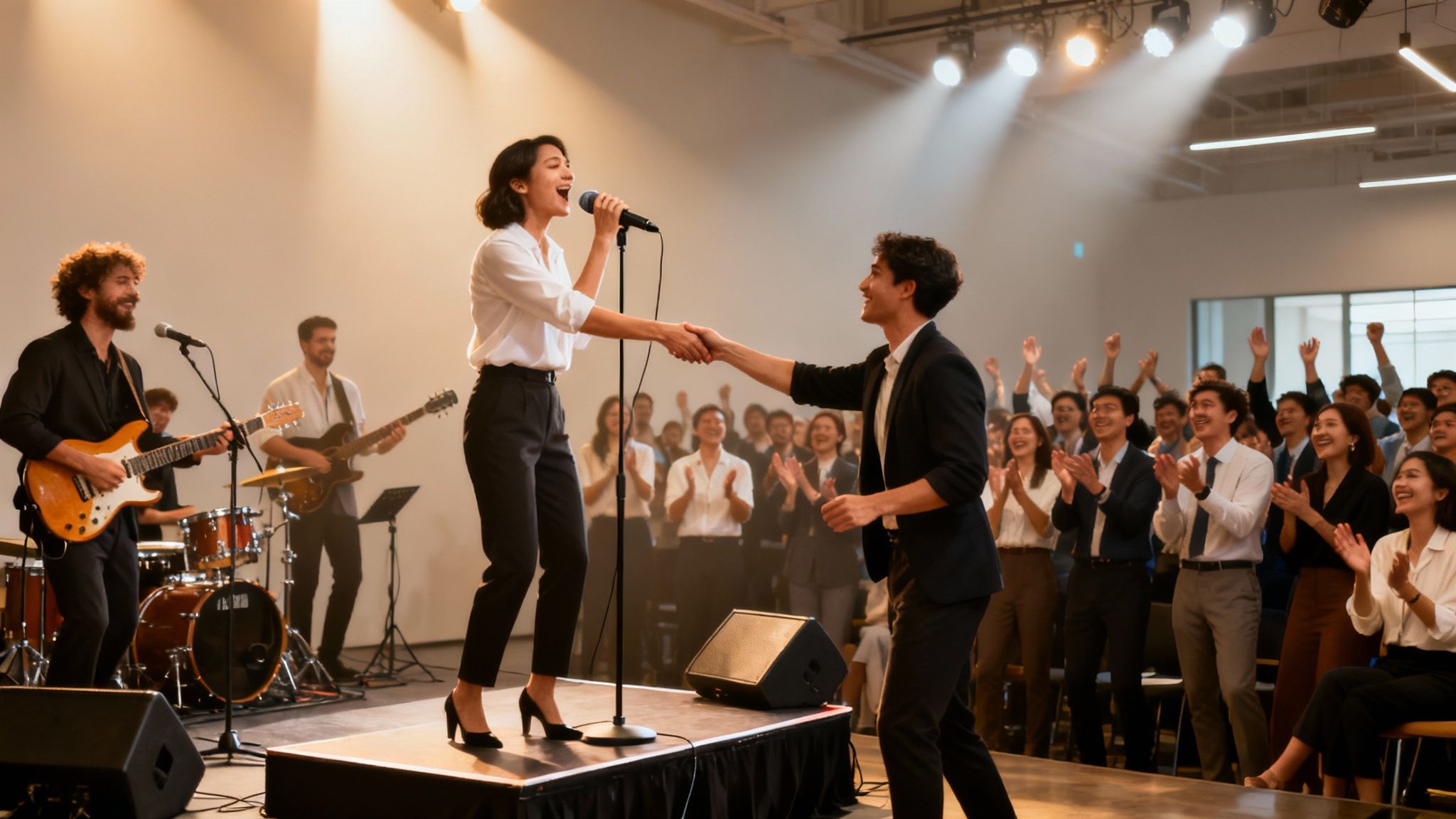 A live band performs at a corporate event with a female singer shaking hands on stage while the audience cheers.