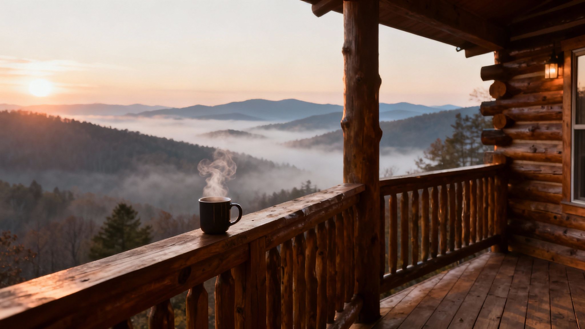 Steaming coffee on a rustic cabin balcony overlooking a beautiful sunrise with misty mountain valleys.