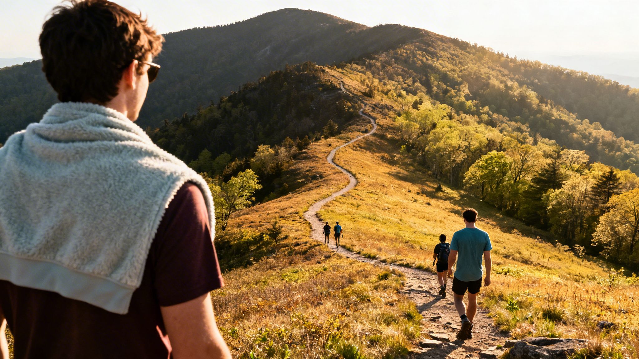 Hikers on a scenic mountain trail at sunset, with golden light illuminating the path.