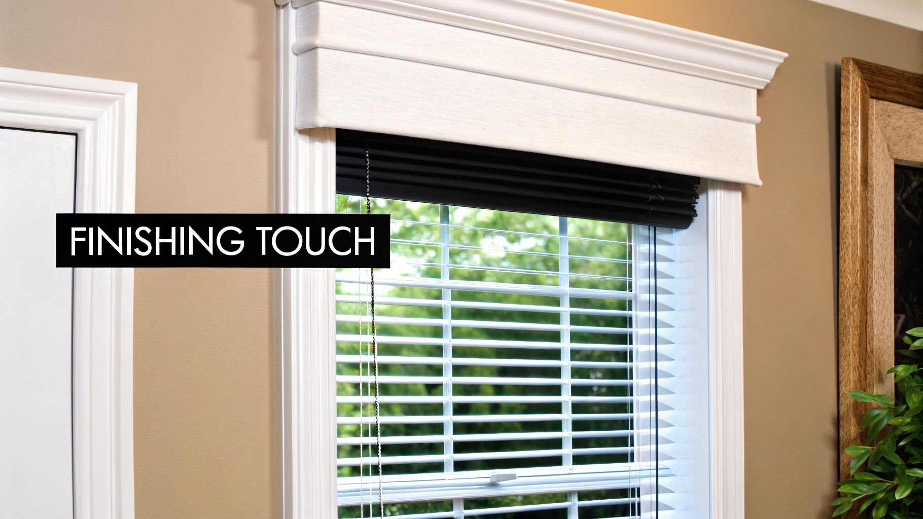 A close-up of a window with white horizontal blinds, a black cellular shade, and a decorative white fabric valance, described as a "FINISHING TOUCH".