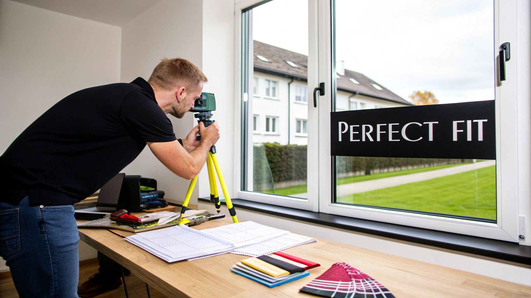 Man uses a laser level to accurately measure a window, with design plans and fabric samples on a desk.