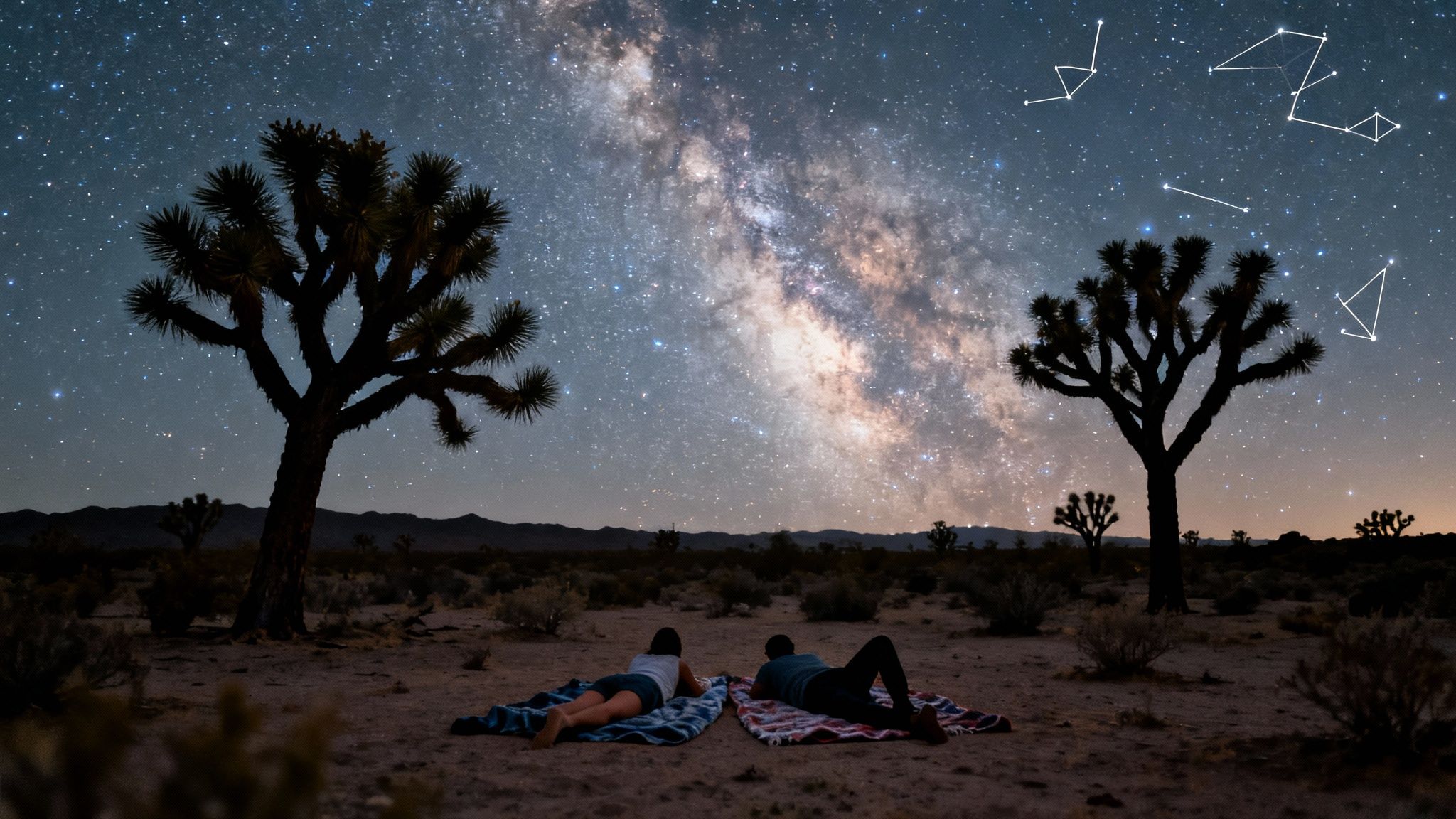 Two people stargazing at the Milky Way among Joshua Trees in a vast desert landscape.