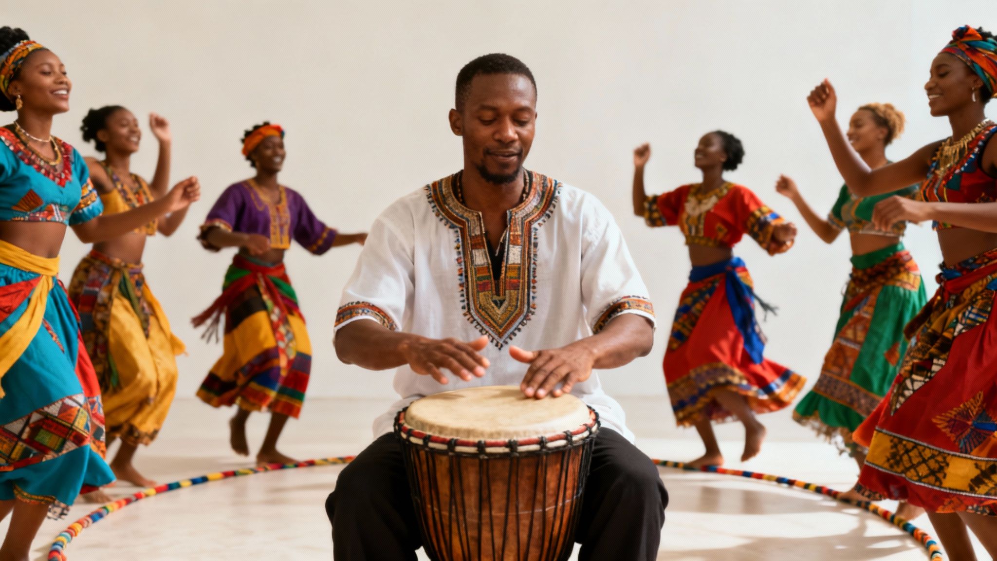 African drummer playing djembe surrounded by dancers in colorful traditional cultural attire performing