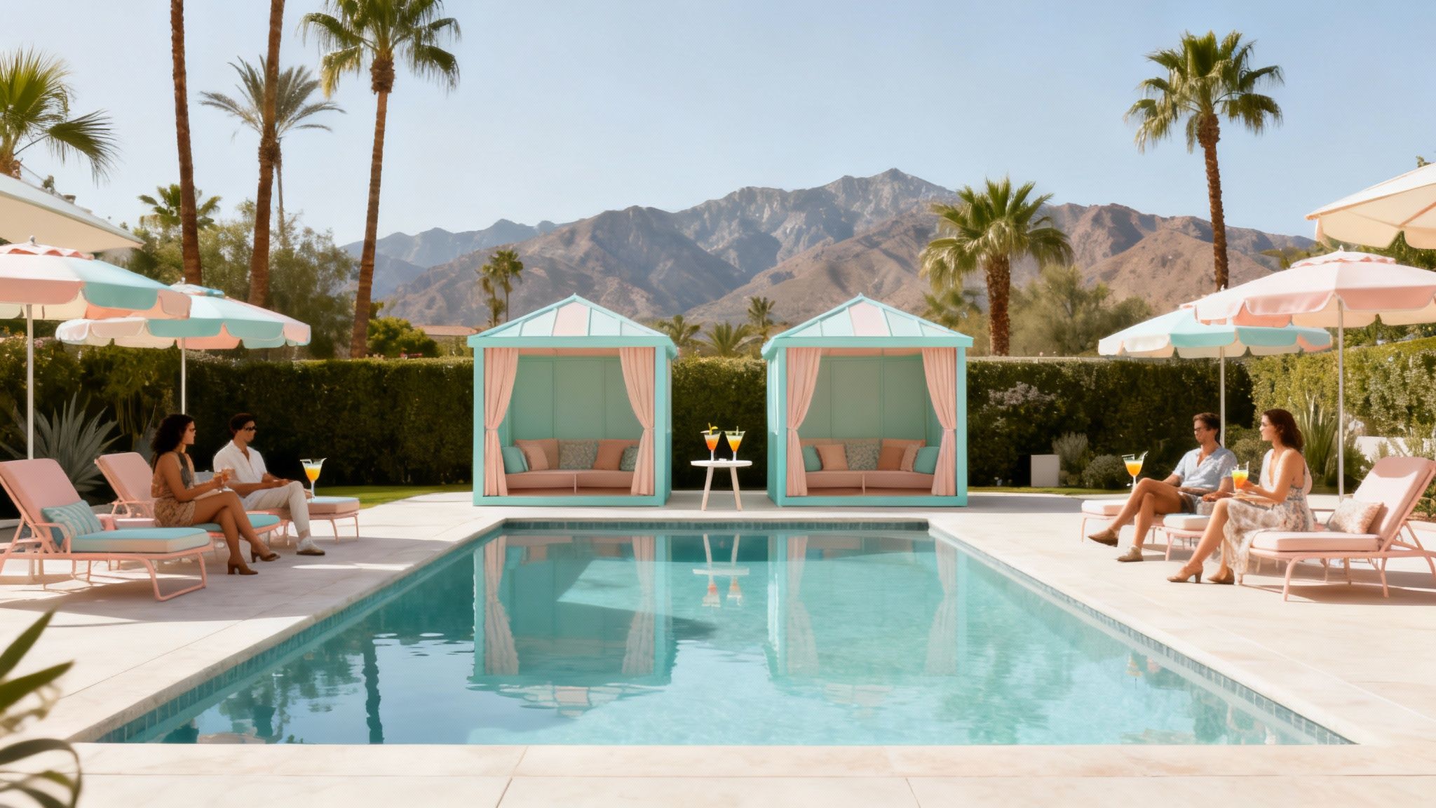 Two couples enjoy cocktails by a colorful swimming pool with cabanas and mountains.