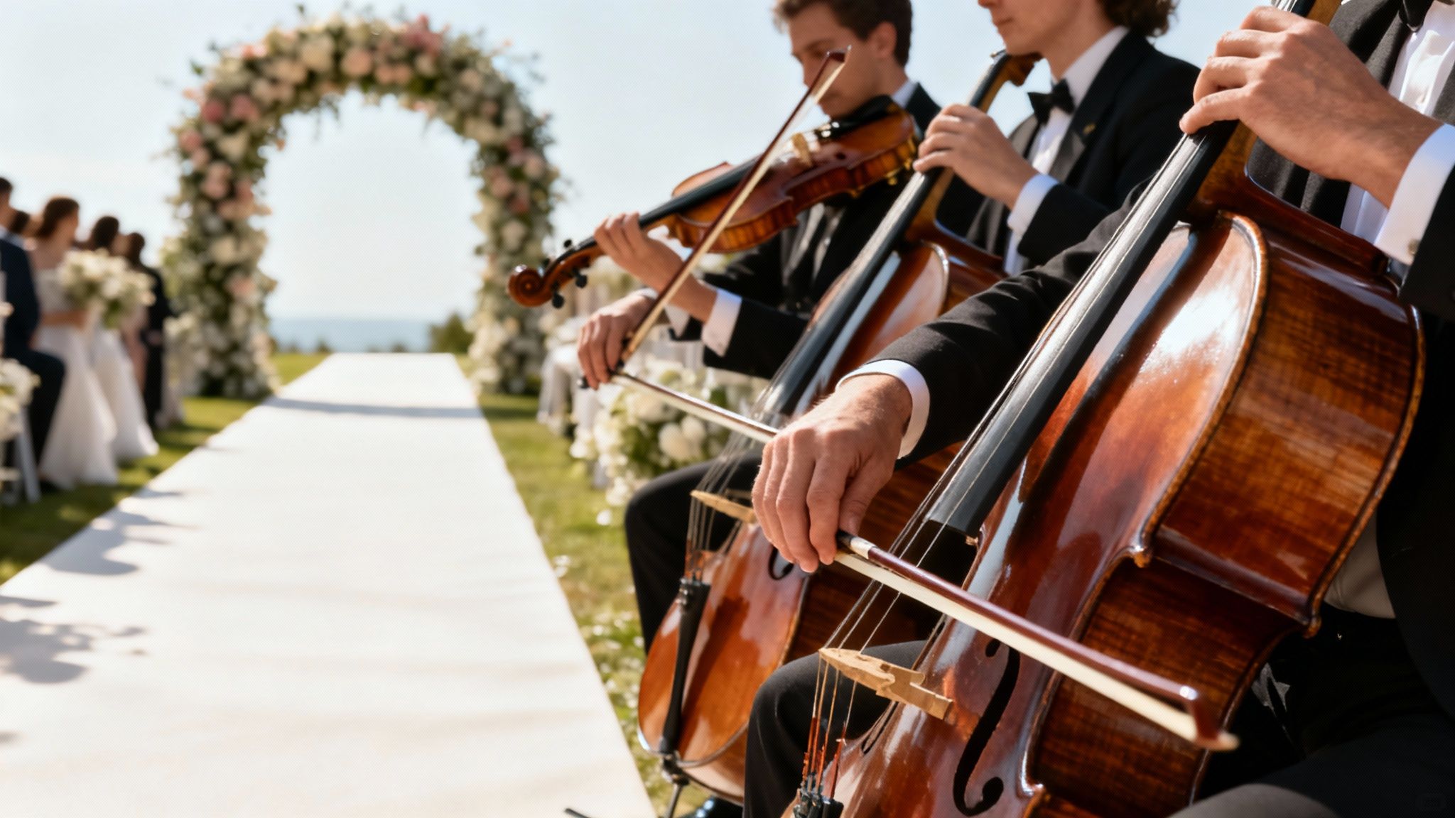 String musicians playing cellos and violin at a beautiful outdoor wedding ceremony with a floral arch.