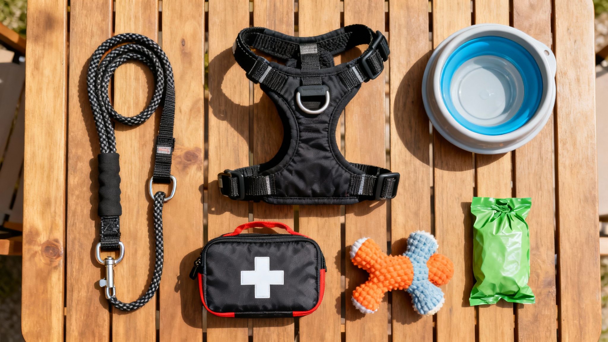 A person packing a suitcase with dog toys and essentials for a trip to a pet-friendly cabin.