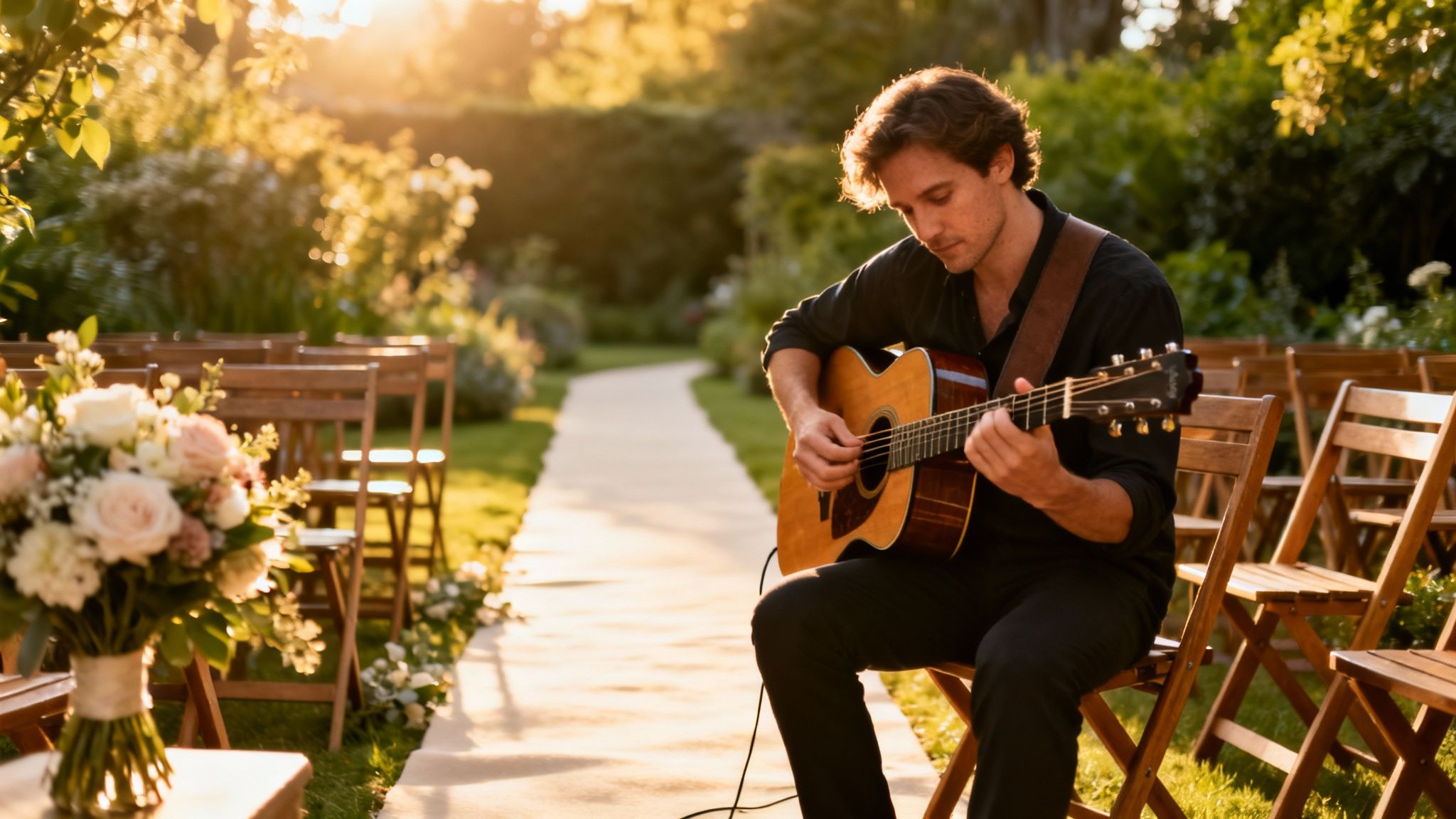 A man playing an acoustic guitar at an outdoor wedding ceremony with empty chairs and flowers.