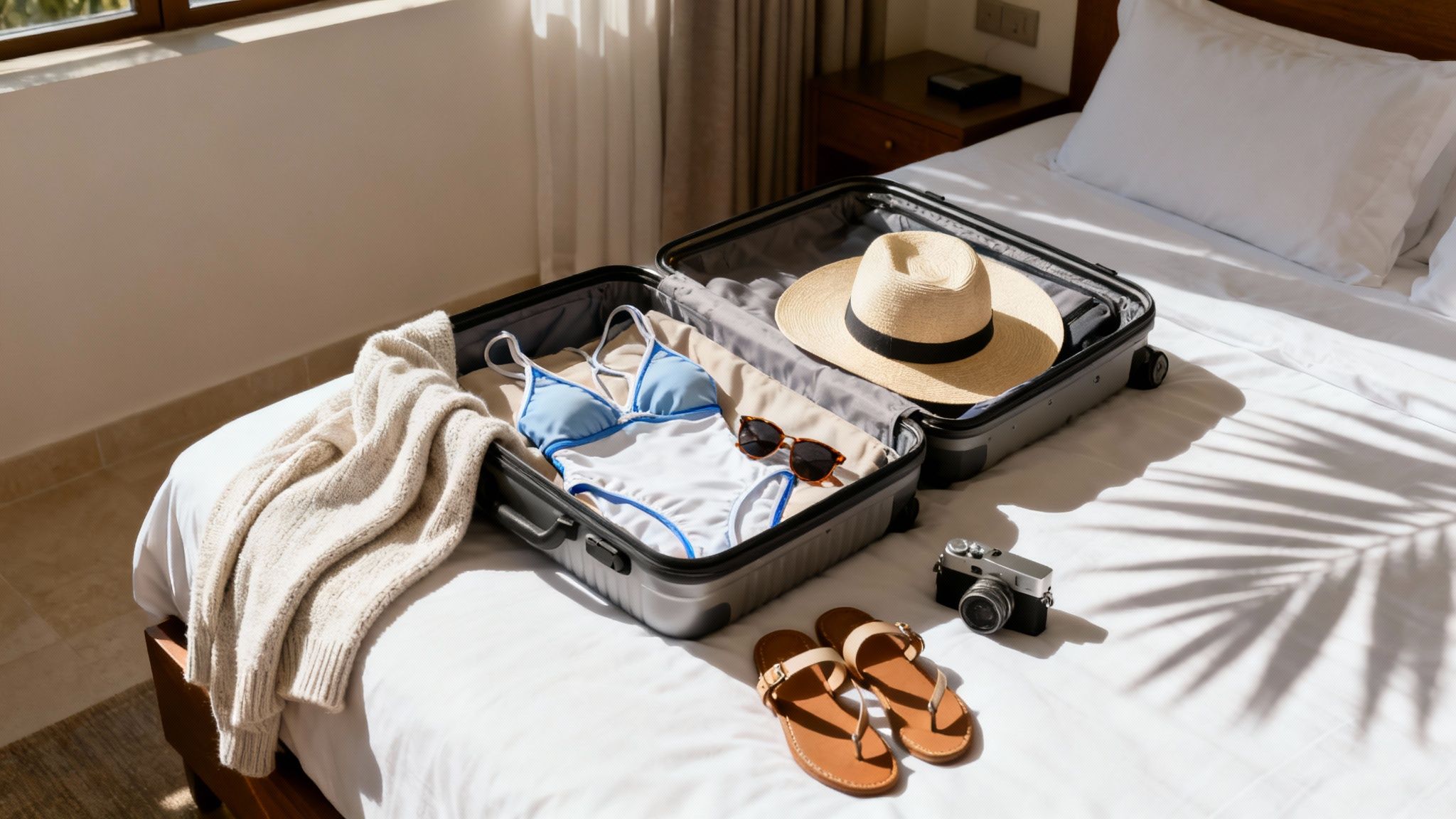 Travel suitcase open on a bed with a swimsuit, hat, sunglasses, camera, and sandals.
