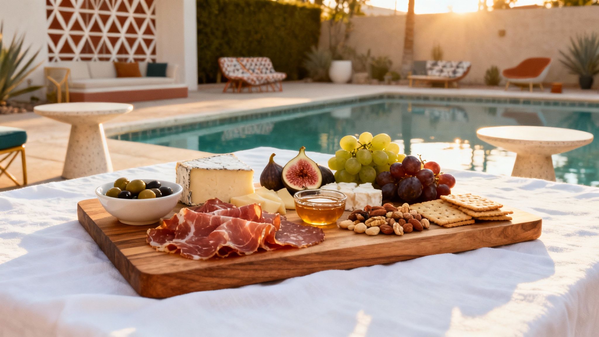 A lavish charcuterie board with cheese, cured meats, fruits, nuts, and crackers by a swimming pool at sunset.