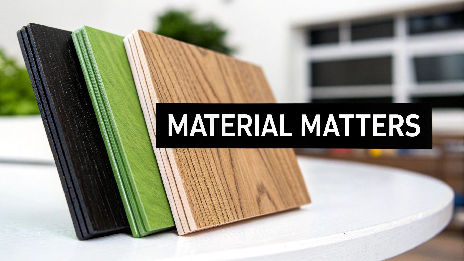 Three multi-colored wood panel samples, black, green, and natural, on a white table with 'MATERIAL MATTERS' text.