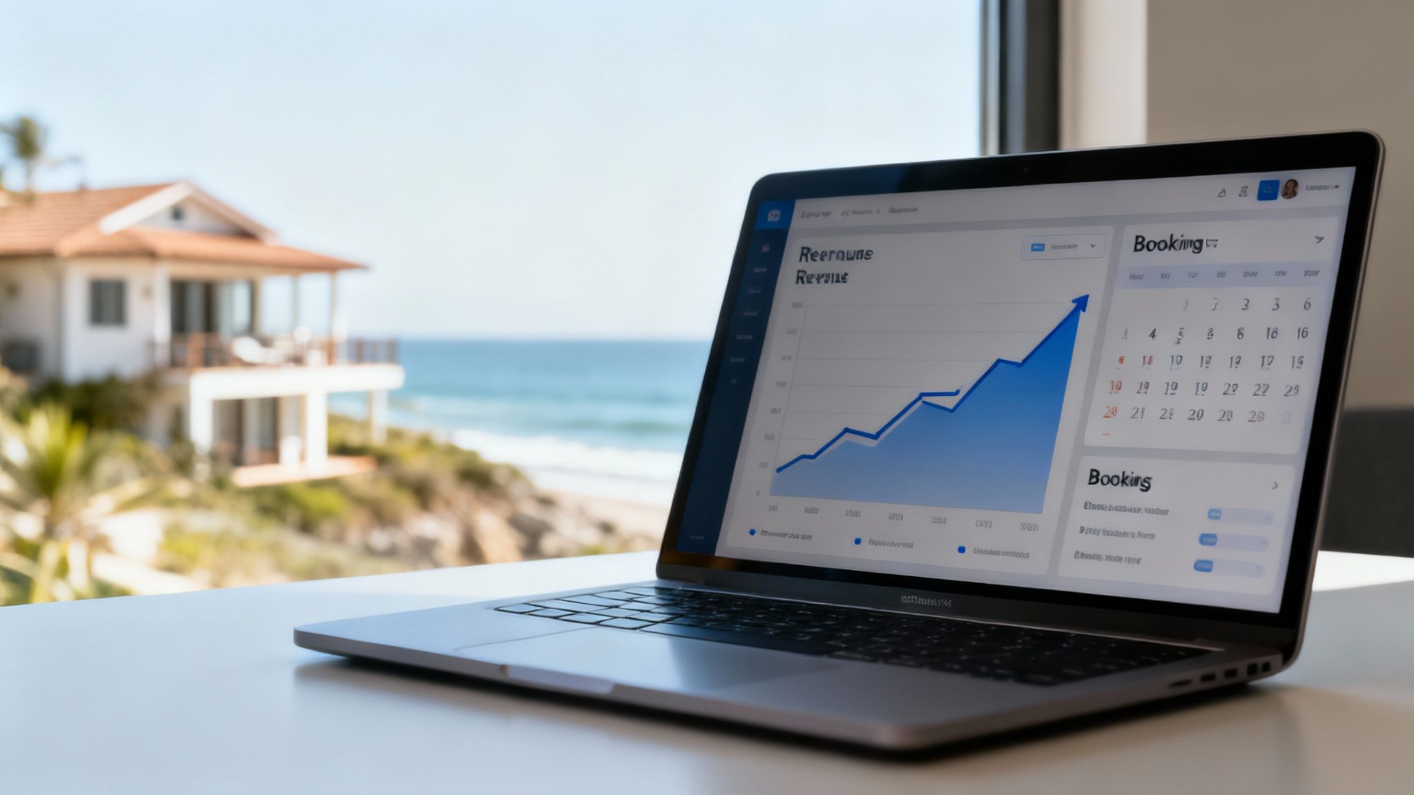 A laptop displaying revenue growth and booking data, with a luxury oceanfront home in the background.