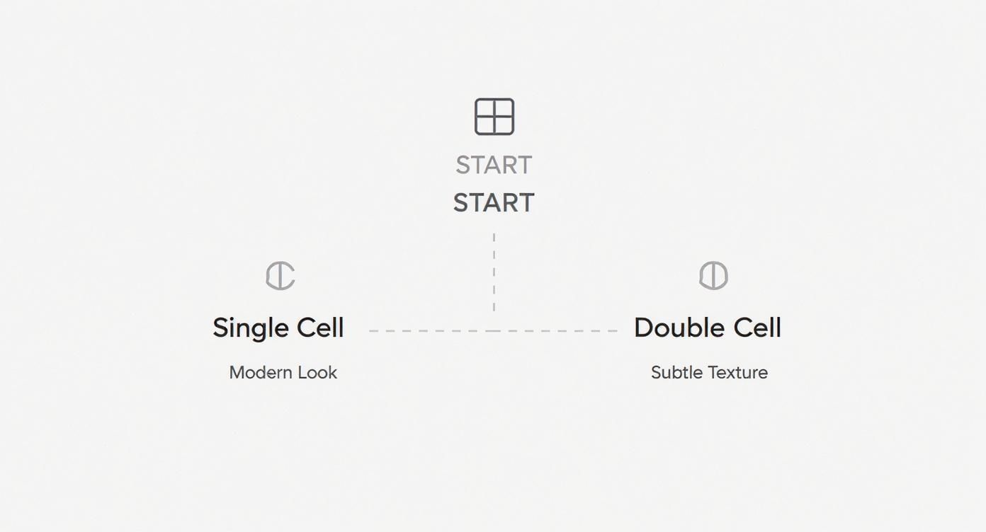 Infographic decision tree showing a window icon leading to either a single cell icon for a modern look or a double cell icon for subtle texture.