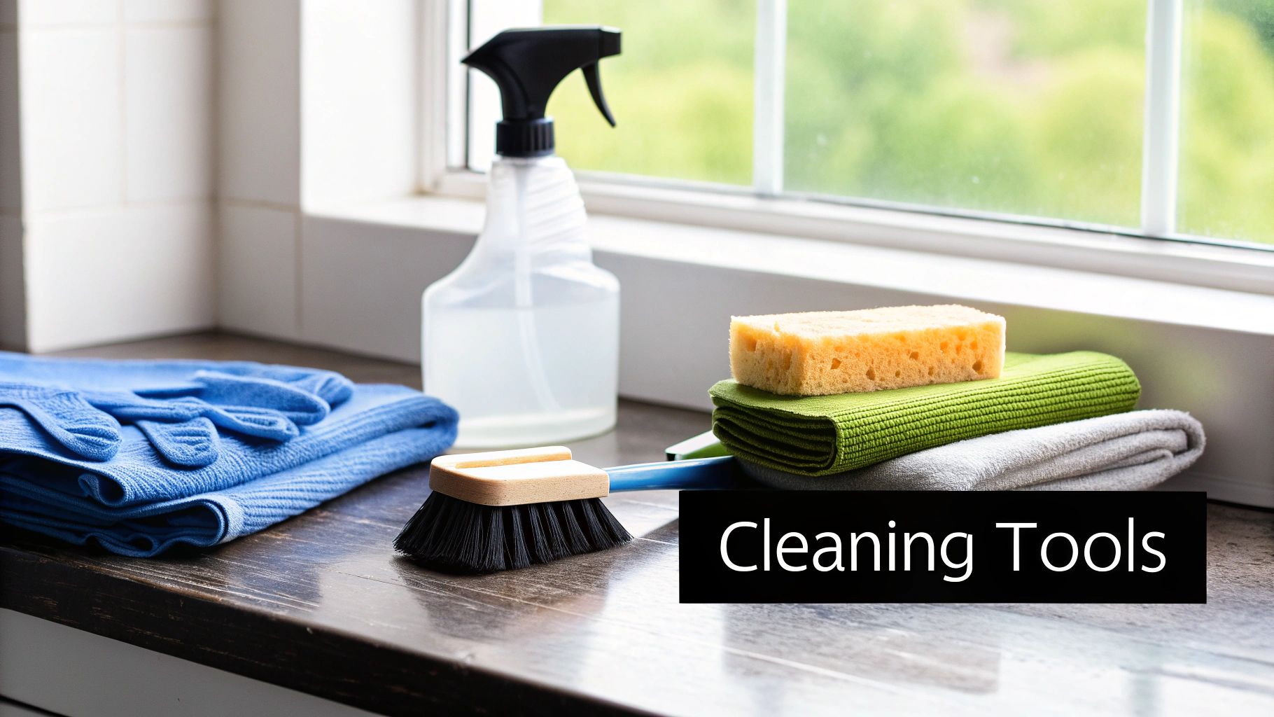 Various cleaning tools including gloves, cloths, spray bottle, brush, and sponge on a countertop.