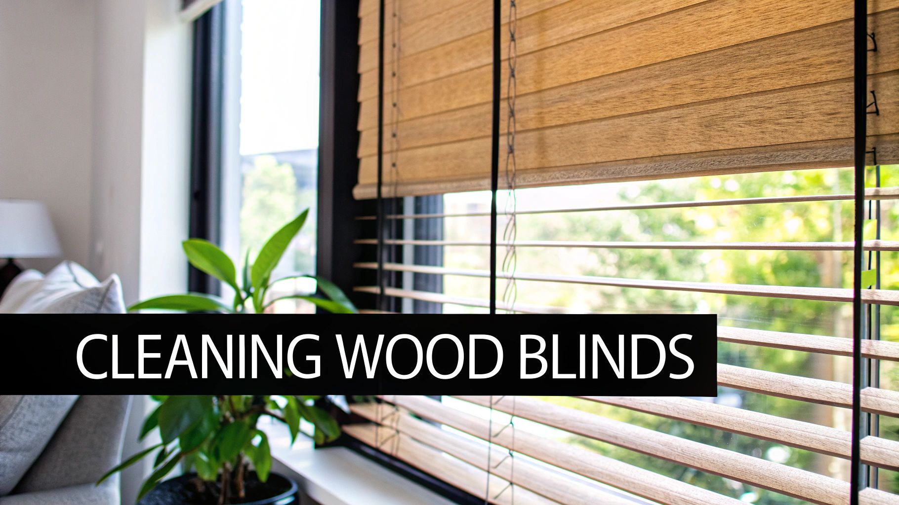 Close-up of light wood blinds in a window with a green plant and sofa in the foreground.