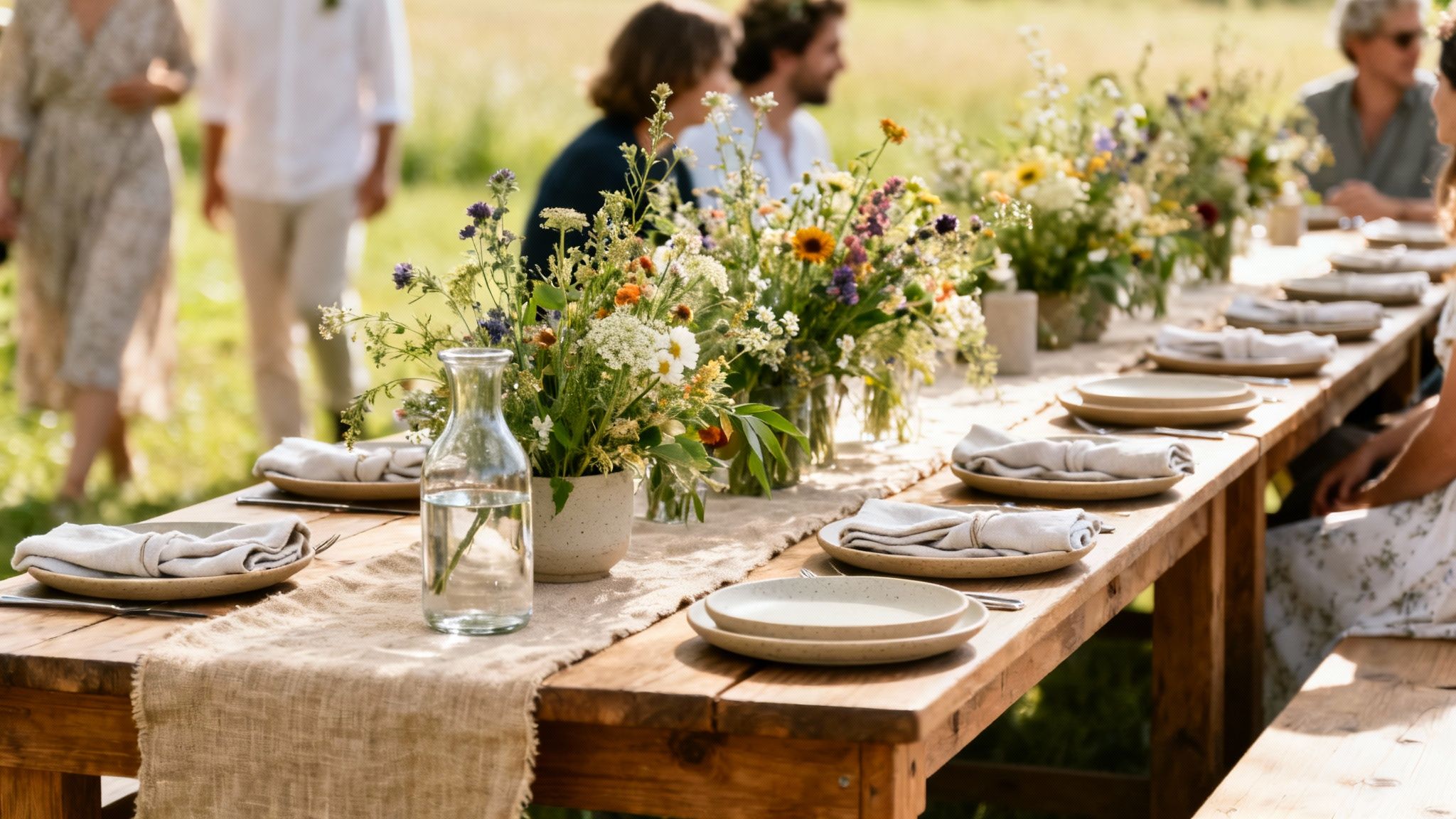 Outdoor long wooden table decorated with wildflower centerpieces and place settings at a rustic wedding reception.