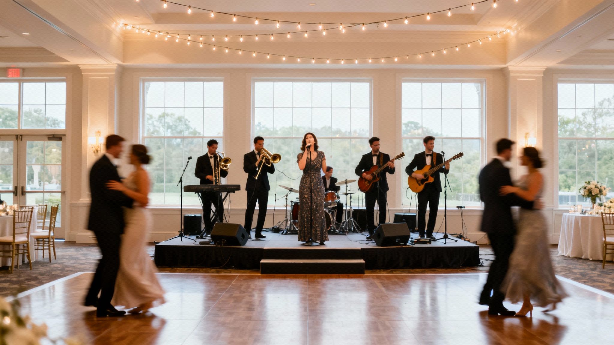 Live wedding band performing on stage with couples dancing in elegant ballroom venue
