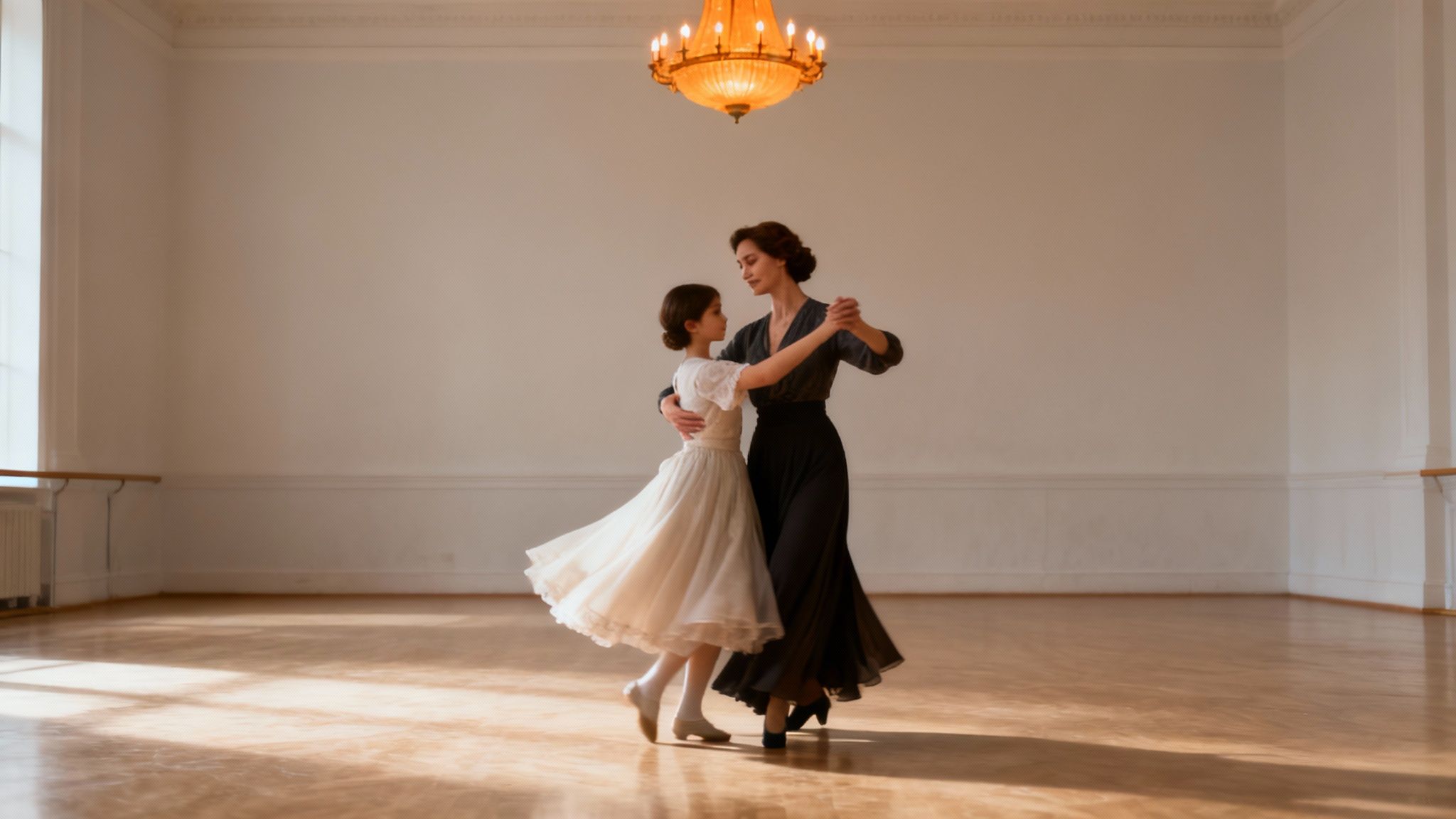 Mother and daughter dancing together in elegant ballroom under chandelier during wedding celebration