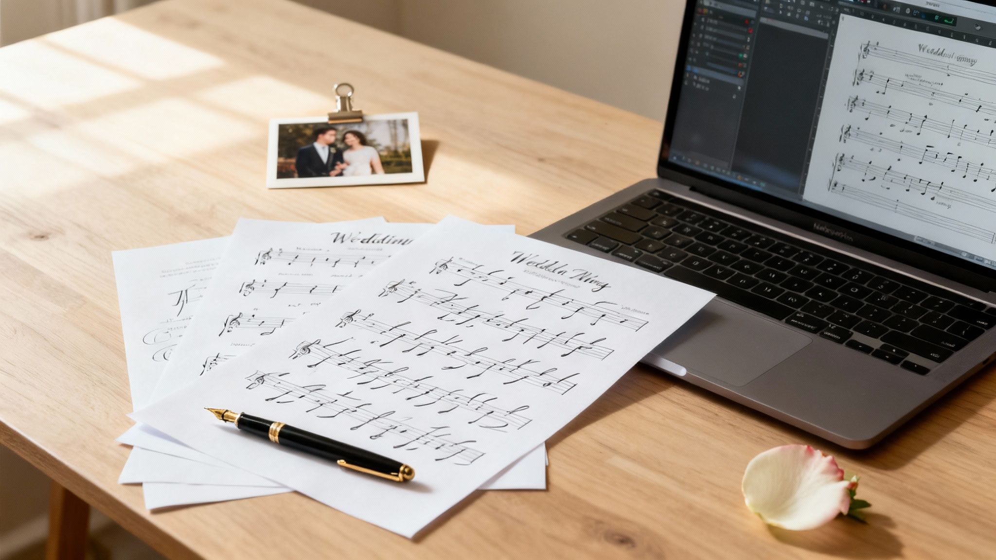 Sheets of wedding music, a pen, laptop, and a wedding photo on a sunlit wooden desk.