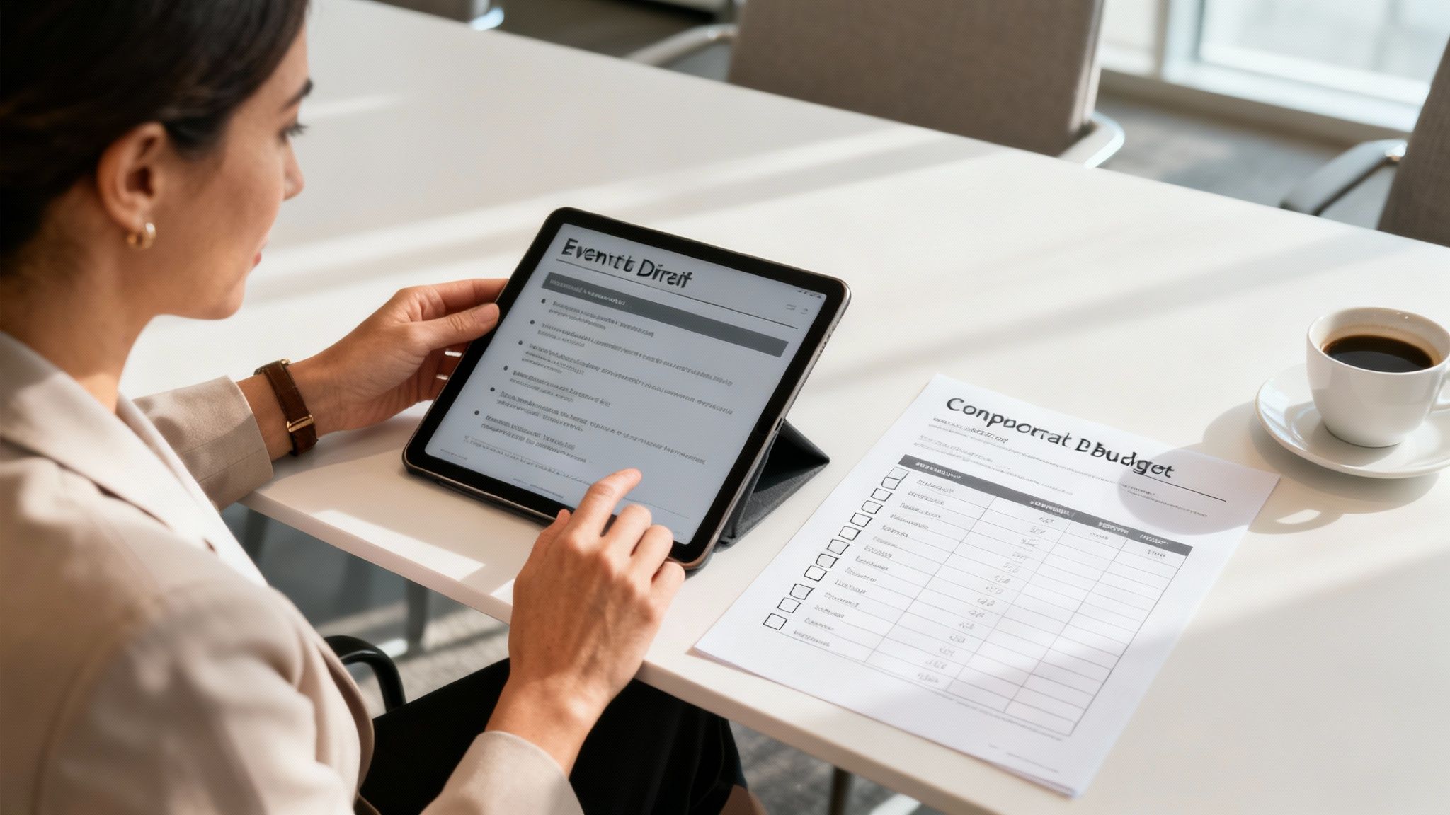 A professional woman reviews a corporate event document on a tablet at a modern office desk.