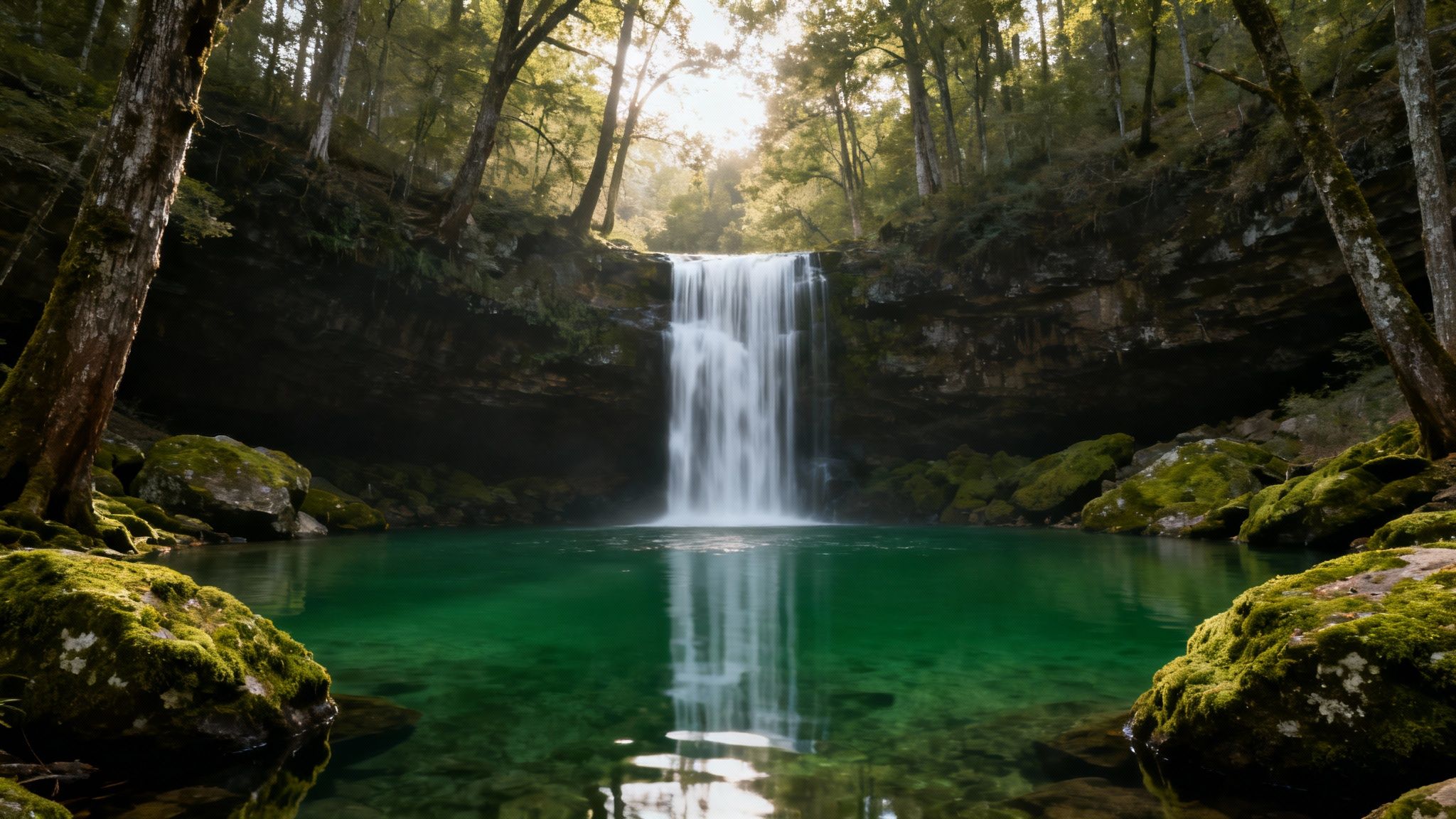 A serene waterfall plunges into a vibrant green pool surrounded by mossy rocks and sunlit forest.