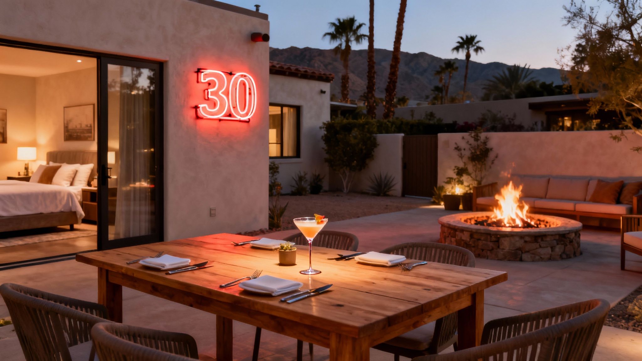 Group of friends laughing around a fire pit at night with string lights overhead.