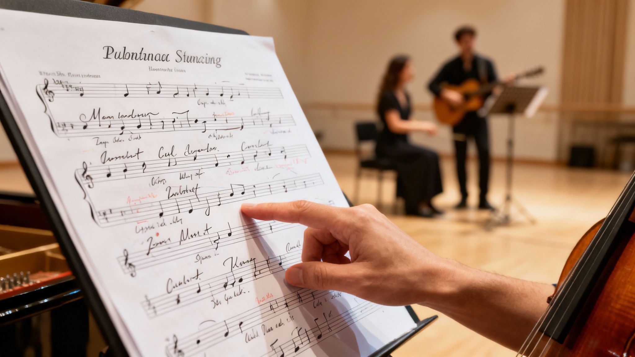 A close-up of a hand pointing at sheet music on a stand, with musicians playing instruments in the background.