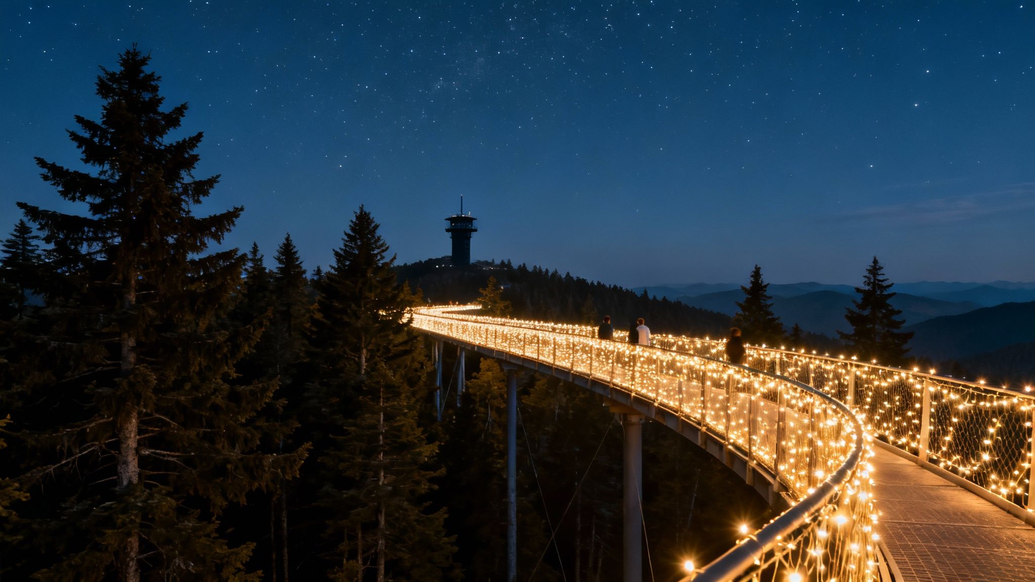 A winding treetop walkway illuminated by countless fairy lights under a starry night sky.