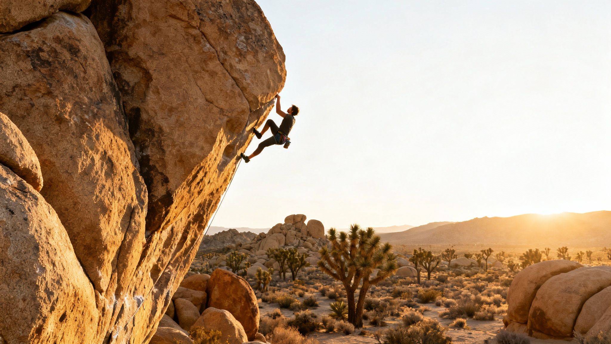 A person rock climbing on a large rock formation in a desert landscape with Joshua trees at sunset.