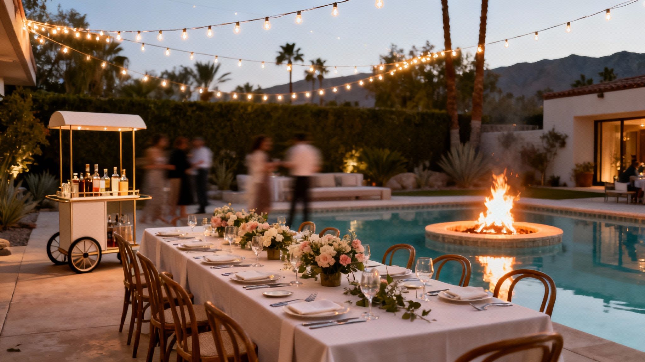 Elegant outdoor evening event at a resort with a beautifully set table, bar cart, pool, and fire pit.