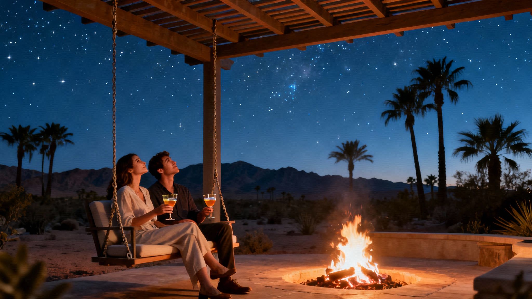 Romantic night out: couple stargazing by fire pit with cocktails in Palm Springs desert.