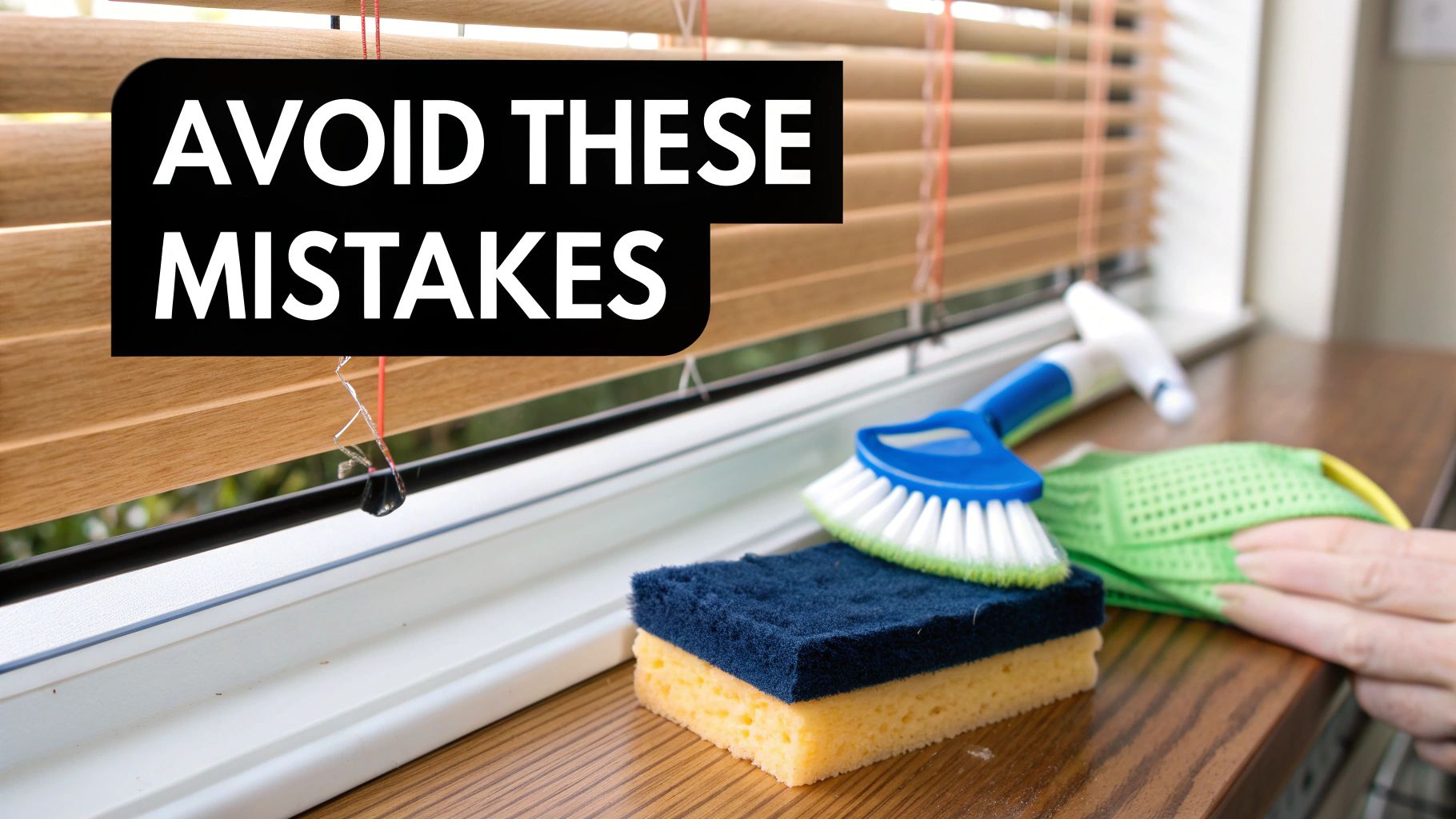 Cleaning supplies including a sponge, brush, and spray bottle on a wooden windowsill.