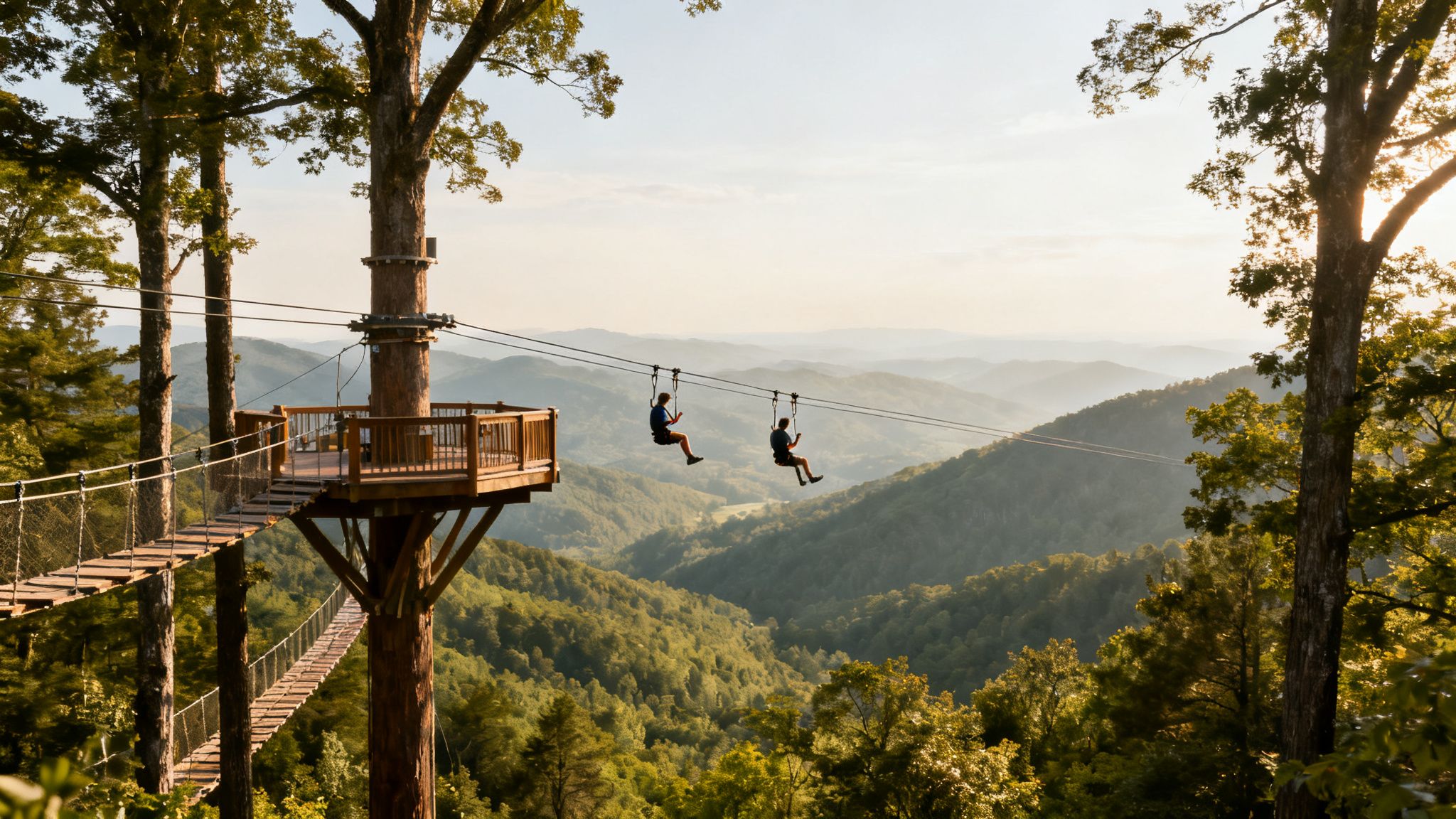 Two people ziplining over a lush green mountain valley at sunset from a wooden tree platform.