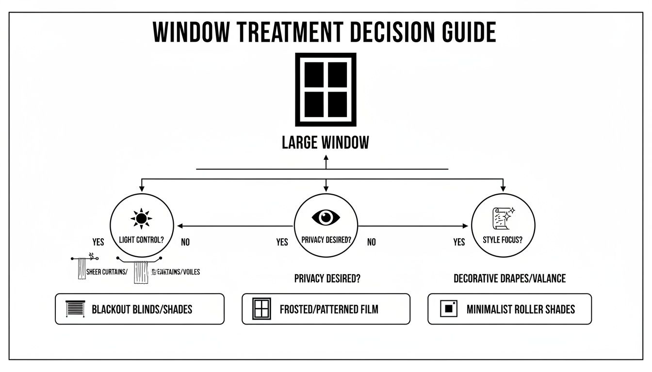 A decision guide flowchart for large window treatments based on privacy, light control, and style.