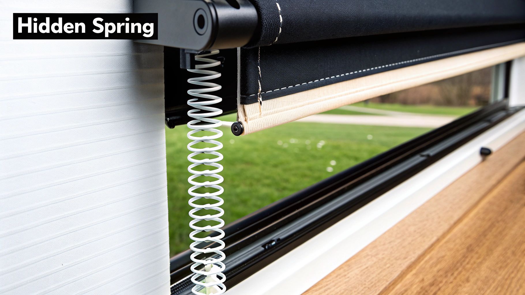 A close-up view of the clean, sleek headrail of a modern cordless window blind.